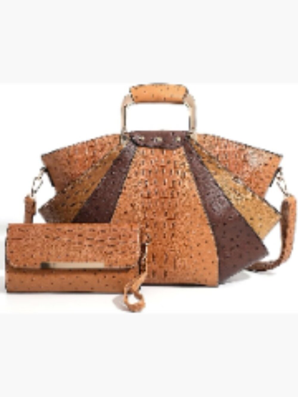 Large Leather Tote Handbag with Metal Handle and Matching Wallet Set